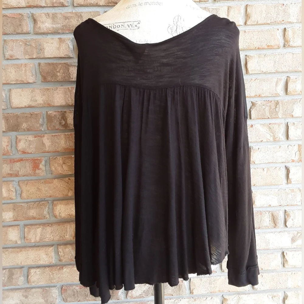 Free People Black Sheer Long Sleeve Boho Oversized Top with Embroidered Detail.